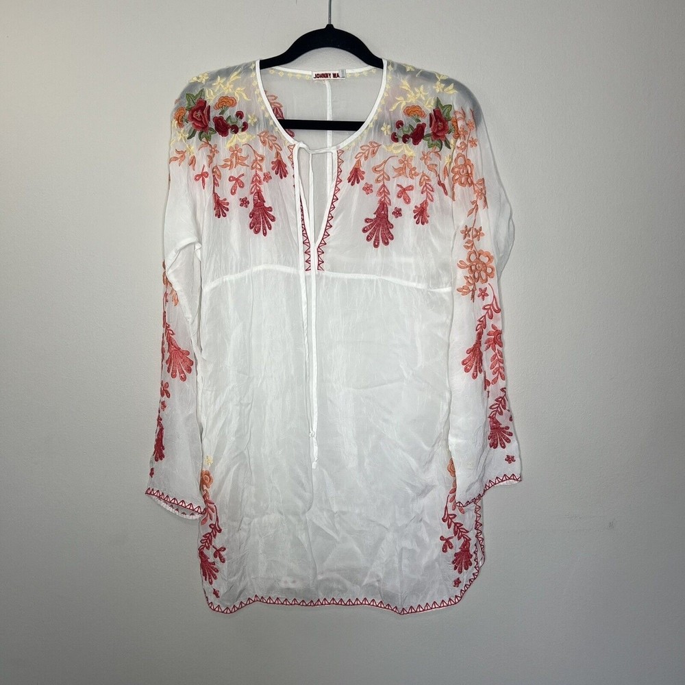 Johnny Was Blouse Tunic XS Small White Embroidered Floral Cupra Rayon Boho